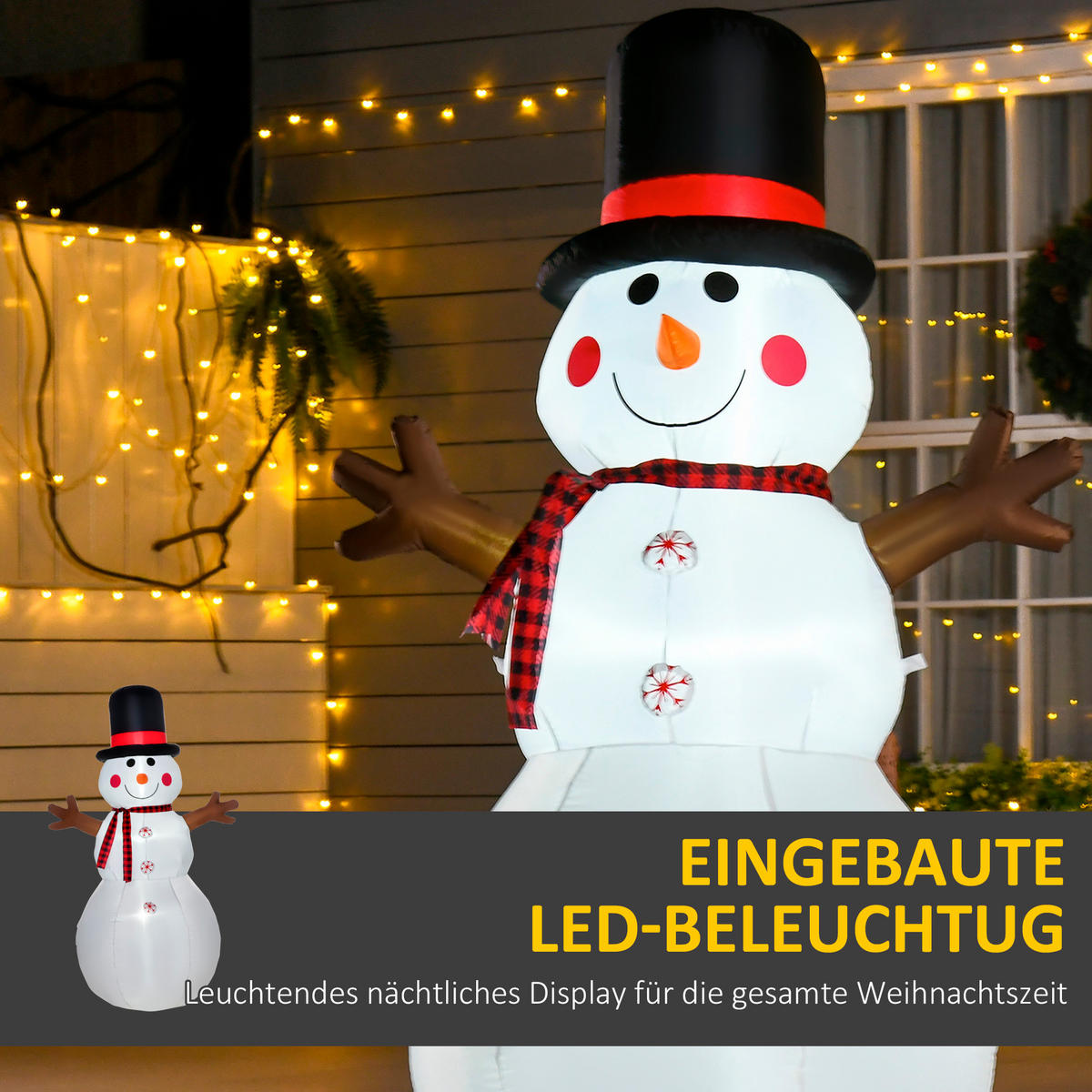 AUFBLASBARER Schneemann, Polyester, Weiß+Schwarz - Multicolor, Kunststoff (80/182/100cm) - HOMCOM