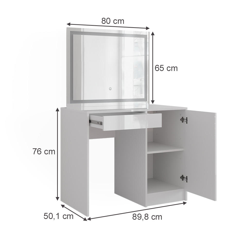 SCHMINKTISCH Sherry Weiß/Weiß Hochglanz 89.8 cm mit LED-Spiegel - Weiß Hochglanz, Holzwerkstoff (89.8/76/50.1cm) - Vicco