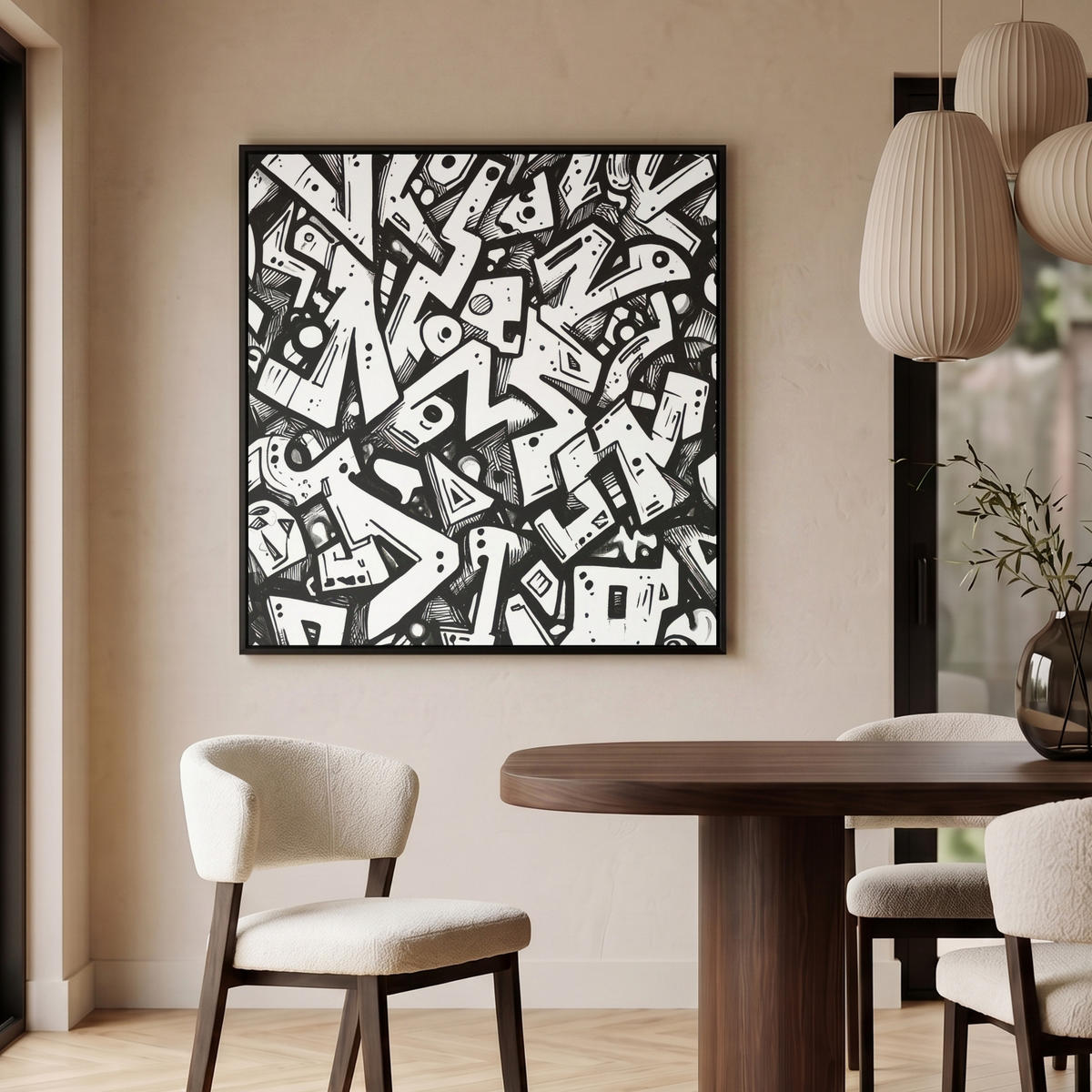 LEINWAND Bilder mit Rahmen - Formen - Buchstaben - Graffiti - Schwarz - 90x90 - Schwarz, Textil (90/90cm) - MuchoWow