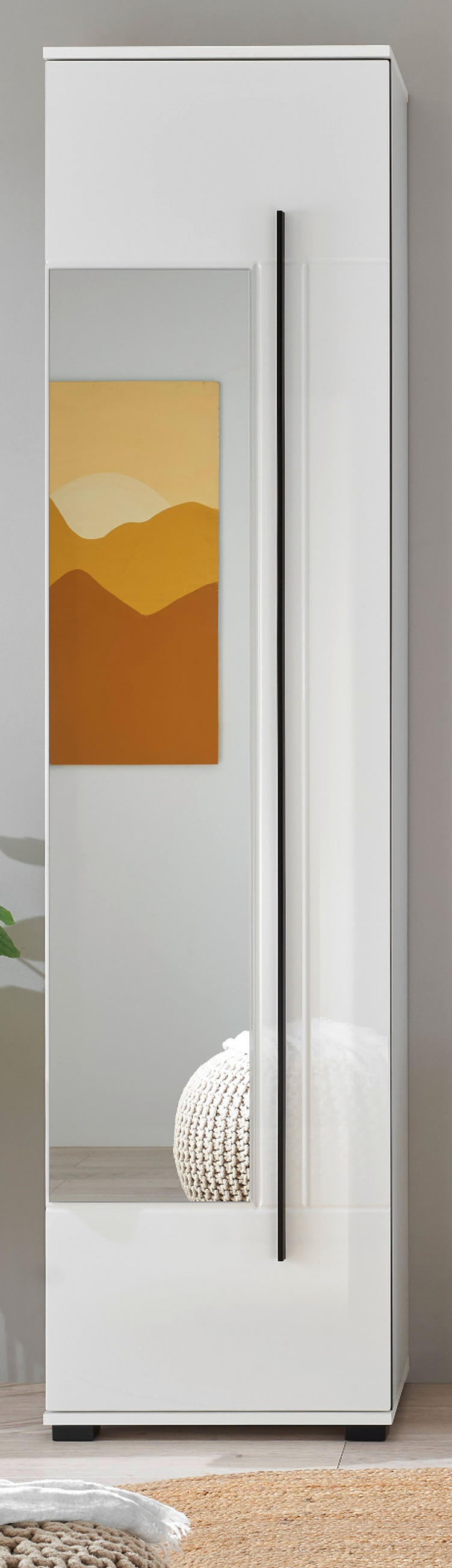 SCHUHSCHRANK weiß Hochglanz 50 x 200 cm, Garderobenschrank mit Spiegel - Weiß Hochglanz/Schwarz, Glas/Holzwerkstoff (50/200/39cm) - Furn.Design