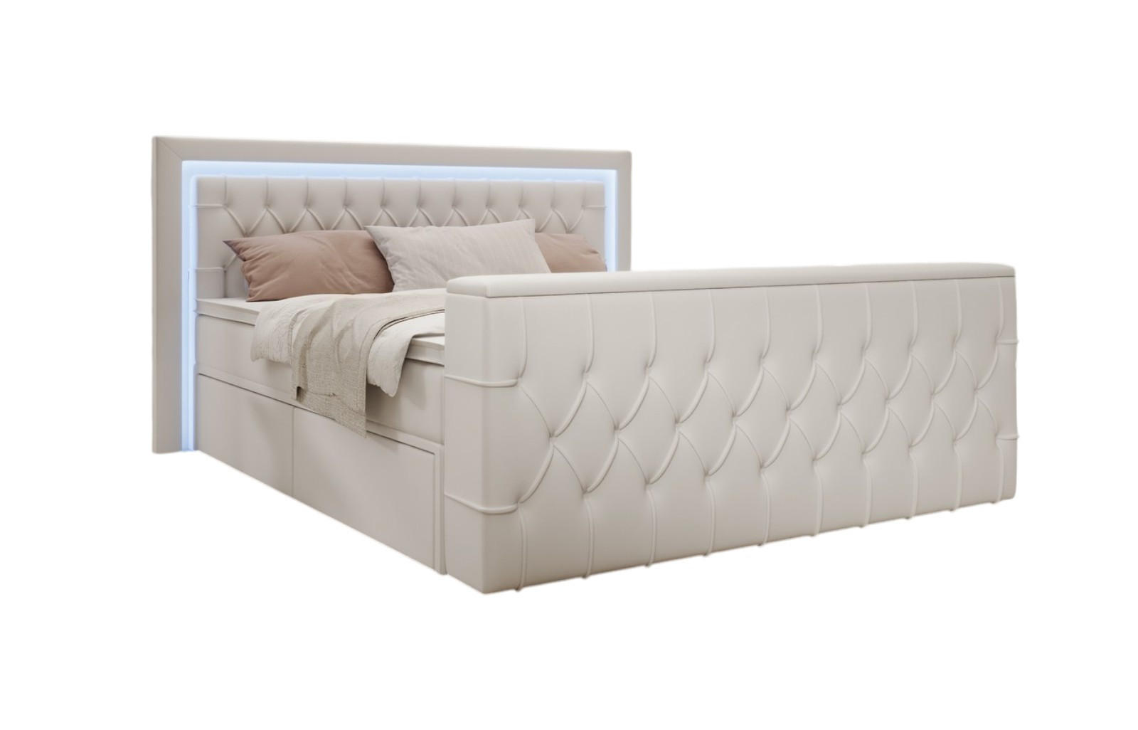 BOXSPRINGBETT Arosa TV mit Schubladen und Topper, TV-Lift, LED Beleuchtung, Kunstleder, 180x200 cm, Weiß - Weiß, Holz - PROMETO Möbel