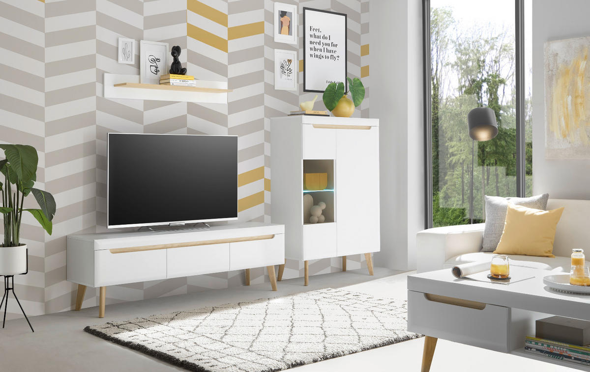 WOHNWAND 3-teilig weiß matt, Eiche, skandinavisch 270 cm, Schrankwand mit Soft-Close-Funktion - Eichefarben/Weiß, Glas/Eichenholz (270/170/40cm) - Furn.Design