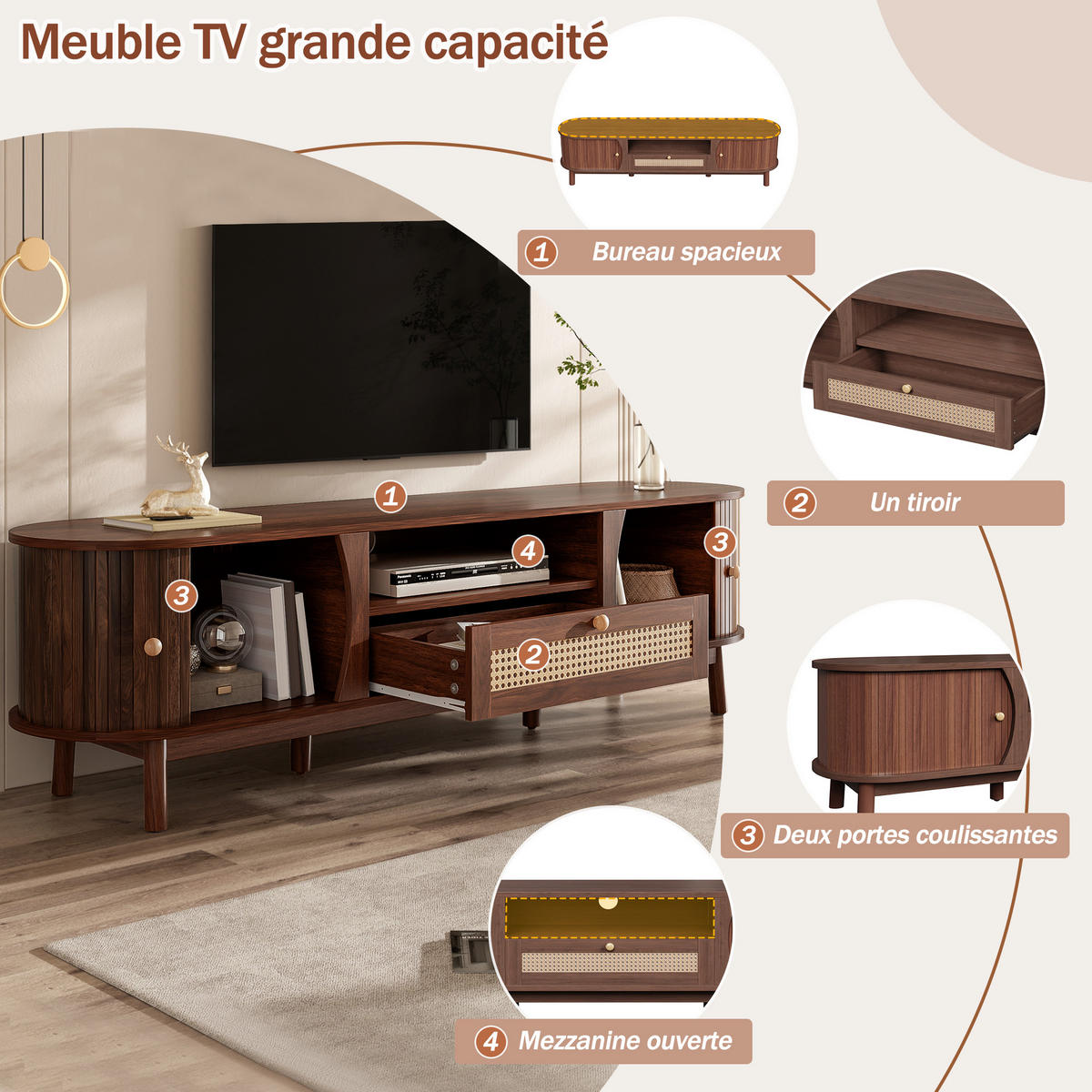 TV-LOWBOARD Rattan Türen Holz Landhaus - Nussbaumfarben, Holz (165/46/37cm) - Fortuna Lai