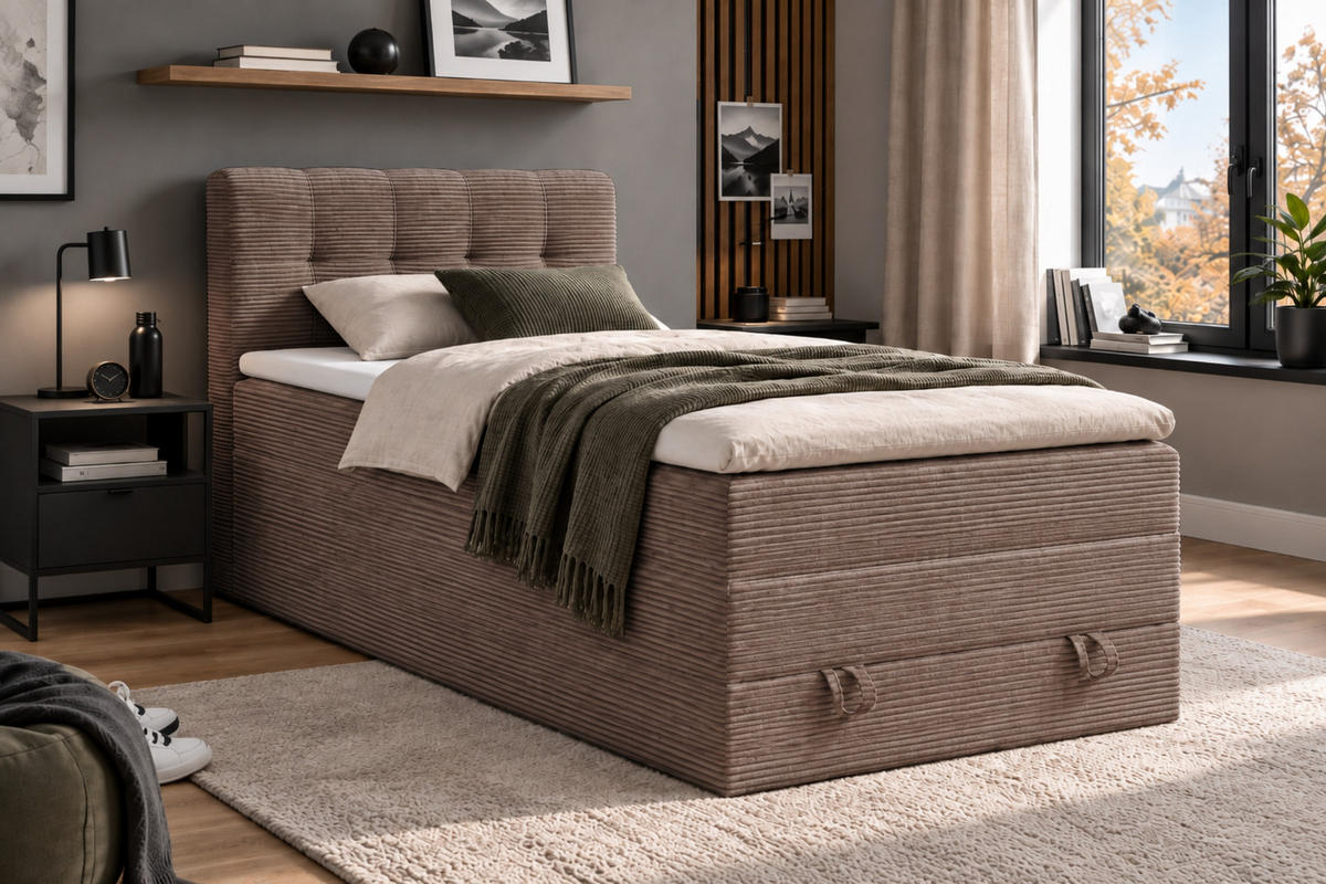 BOXSPRINGBETT JUNG 2 90/200 Cord Beige mit Matratzen H3 + H4 - Beige, Holz/Holzwerkstoff (90/200cm) - Deine Möbel 24