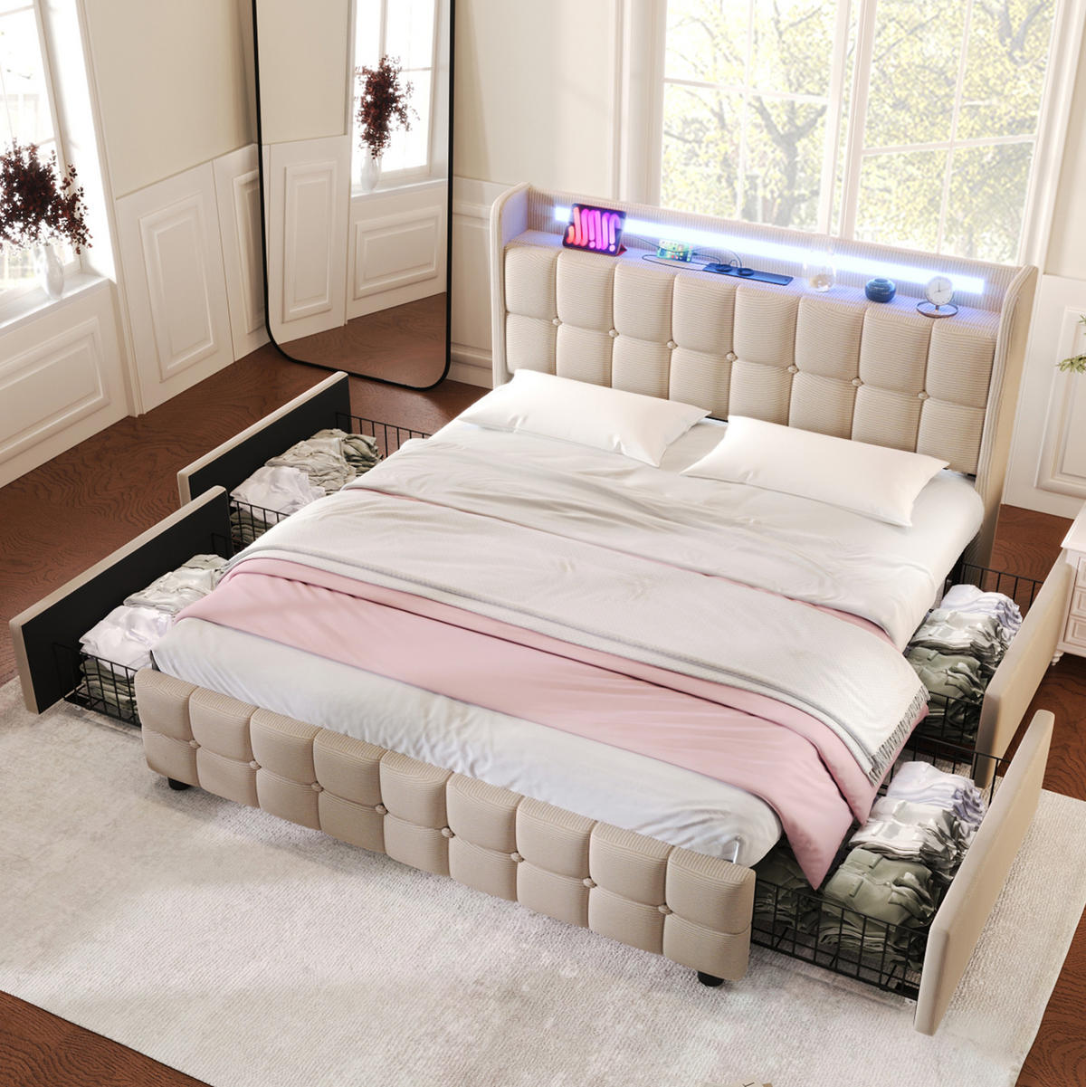 ČALOUNĚNÁ postel 140/200 cm béžová z dřeva s USB, zásuvkami, LED a 4 šuplíky - béžová, kompozitní dřevo (140/200cm) - OKWISH