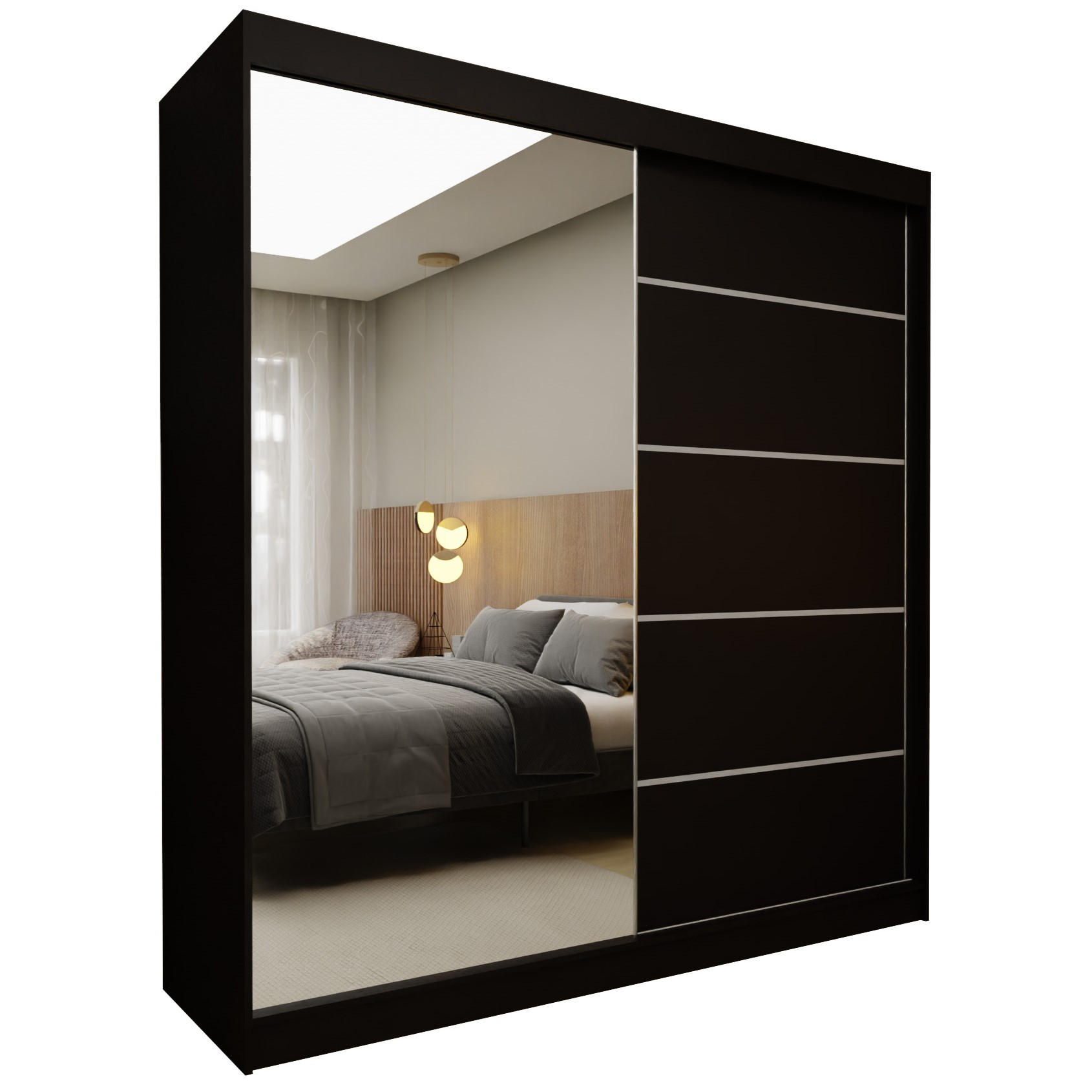 SCHWEBETÜRENSCHRANK MIRELLA 200/216/61 cm 2-türig mit Spiegel Schwarz - Schwarz, Holzwerkstoff (200/216/61cm) - MASSENO