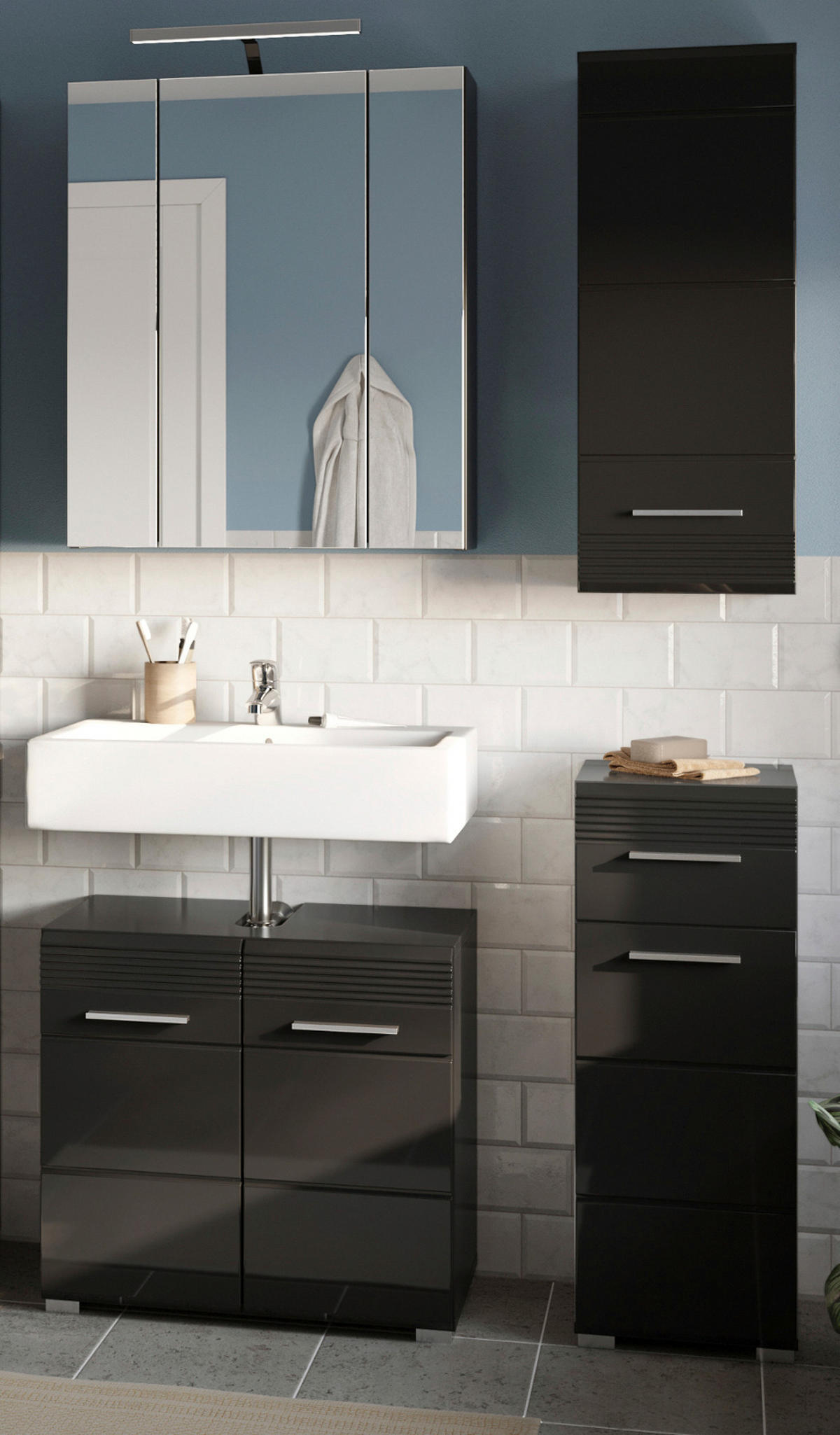 BADMÖBEL-SET schwarz Hochglanz 4-teilig 105 cm - Schwarz, Holzwerkstoff (105/182/34cm) - Inn.Furn