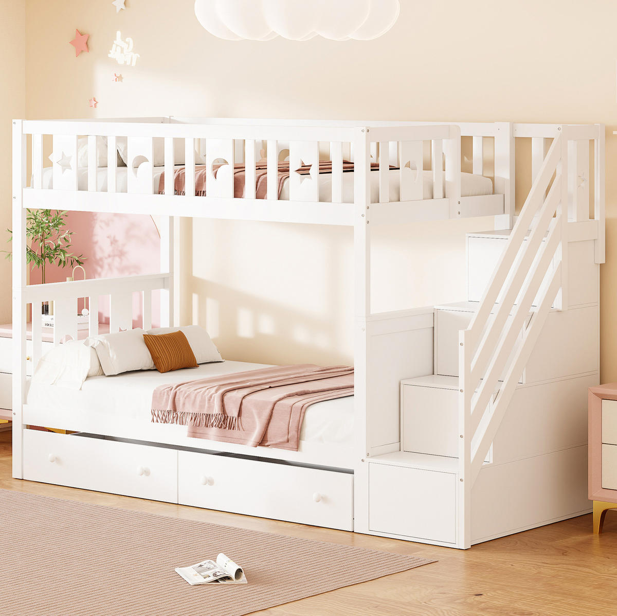 ETAGENBETT 90/200 cm, Weiß mit Stauraumleiter und Lattenrost - Weiß, Holz (90/200cm) - MIVRAY