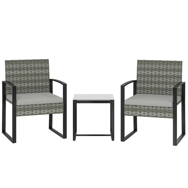 Modfu RATANOVÝ bistro set z oceli 55x58x76 cm světle šedý se 2 křesly, stolkem a snímatelnými polštáři