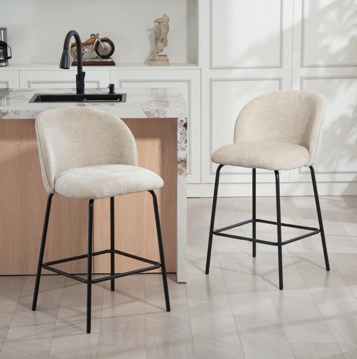 BARHOCKER 2er-Set mit Rückenlehne 48 cm Polyester Beige - Beige, Metall (50/93/55cm) - Meubliv