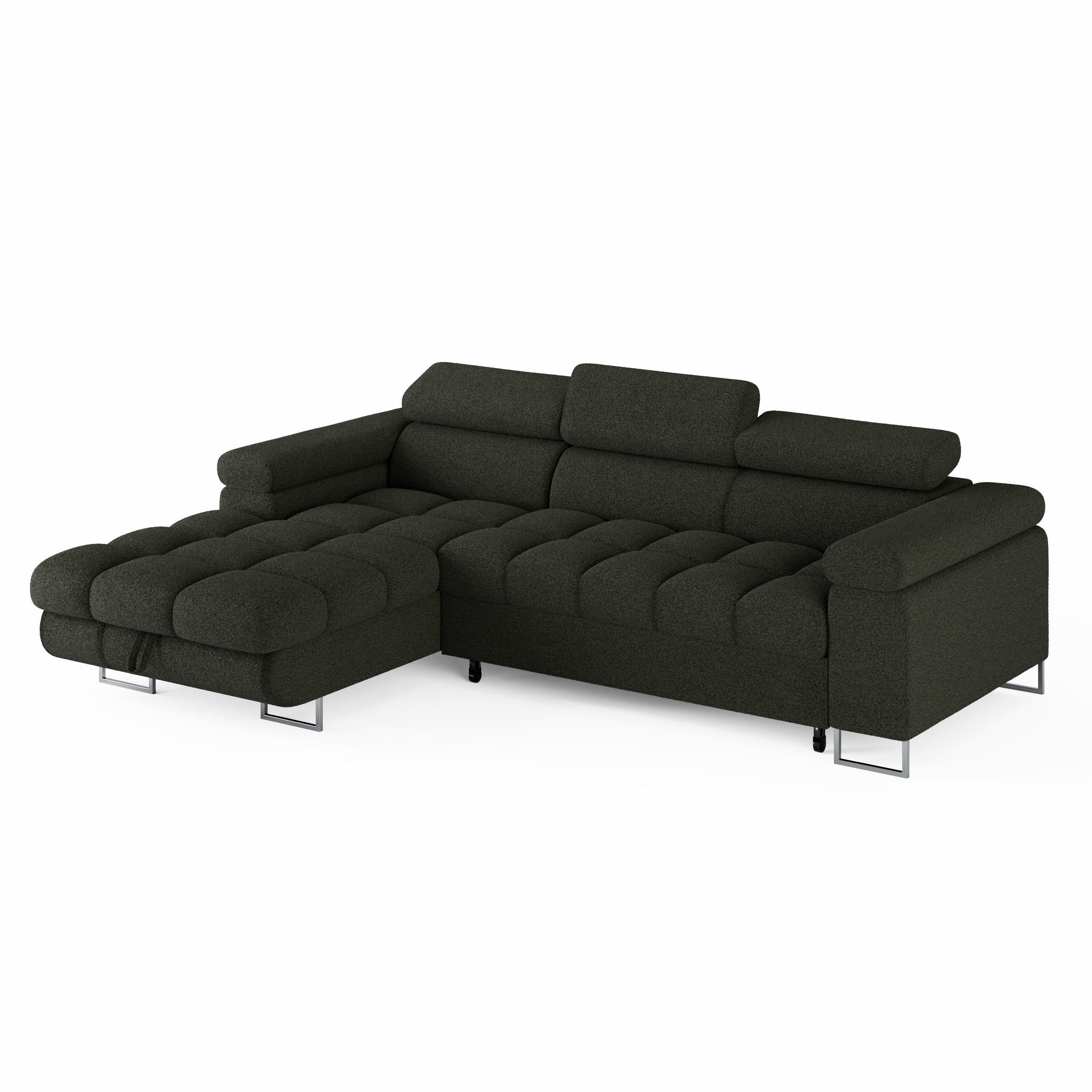 ECKSOFA CLOUD Links Grün L-Form Bouclé-Stoff mit Schlaffunktion und Bettkasten - Chromfarben/Olivgrün, Holz/Metall (235/275cm) - Barchello