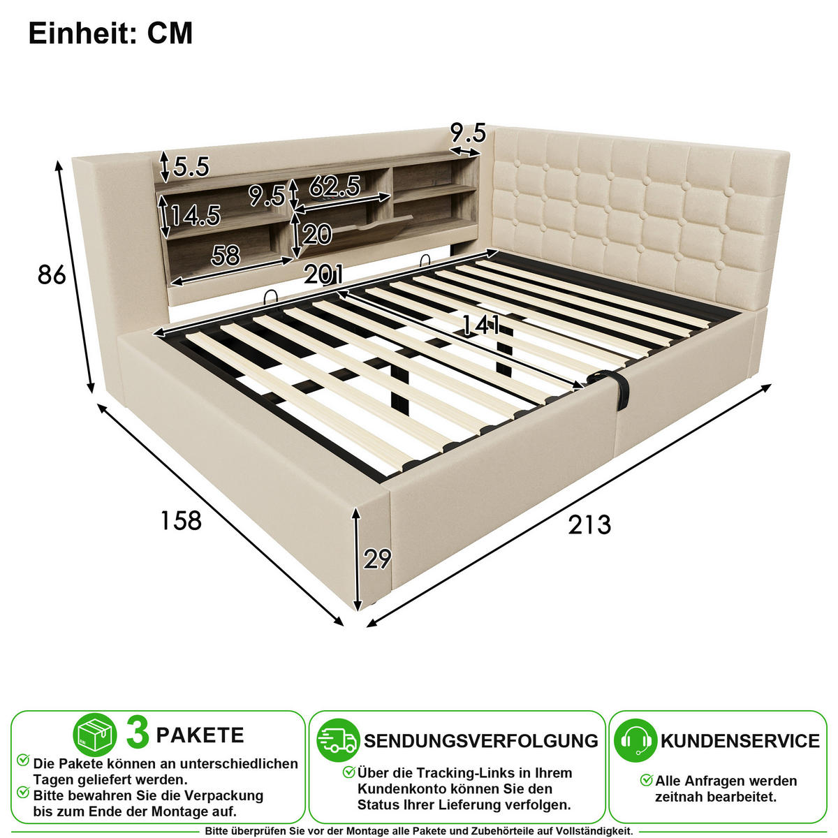 ČALOUNĚNÁ POSTEL 140/200 cm v béžové barvě s úložným prostorem, LED a USB-C - béžová, kov/kompozitní dřevo (140/200cm) - CHICFURN