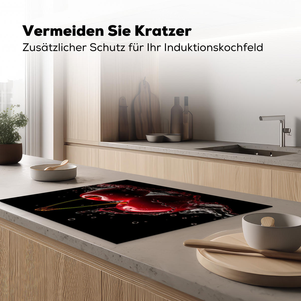 HERDABDECKPLATTE Kirsche - Rot - Frucht - Wasser - Schwarz 77x59 cm - Kirschrot, Kunststoff (77/59/0.2cm) - MuchoWow