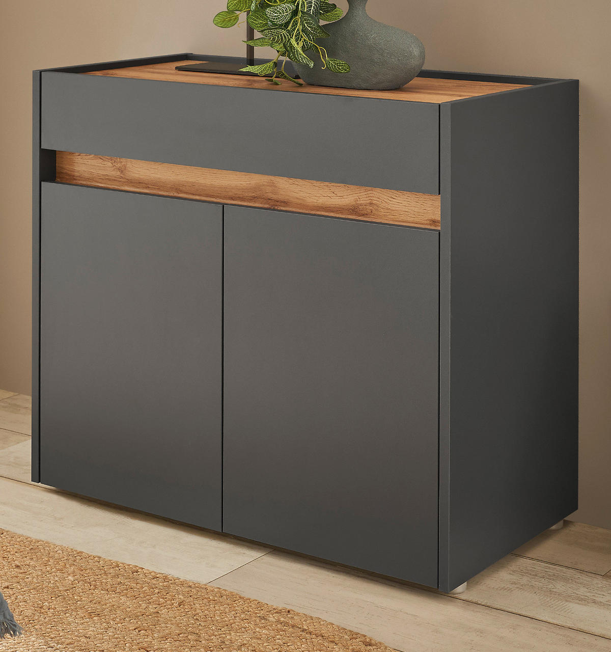 FLURKOMMODE grau matt, Eiche Wotan 80 cm, Schuhschrank mit Schubkästen - Silberfarben/Eiche Wotan, Holzwerkstoff/Kunststoff (80/70/40cm) - Furn.Design