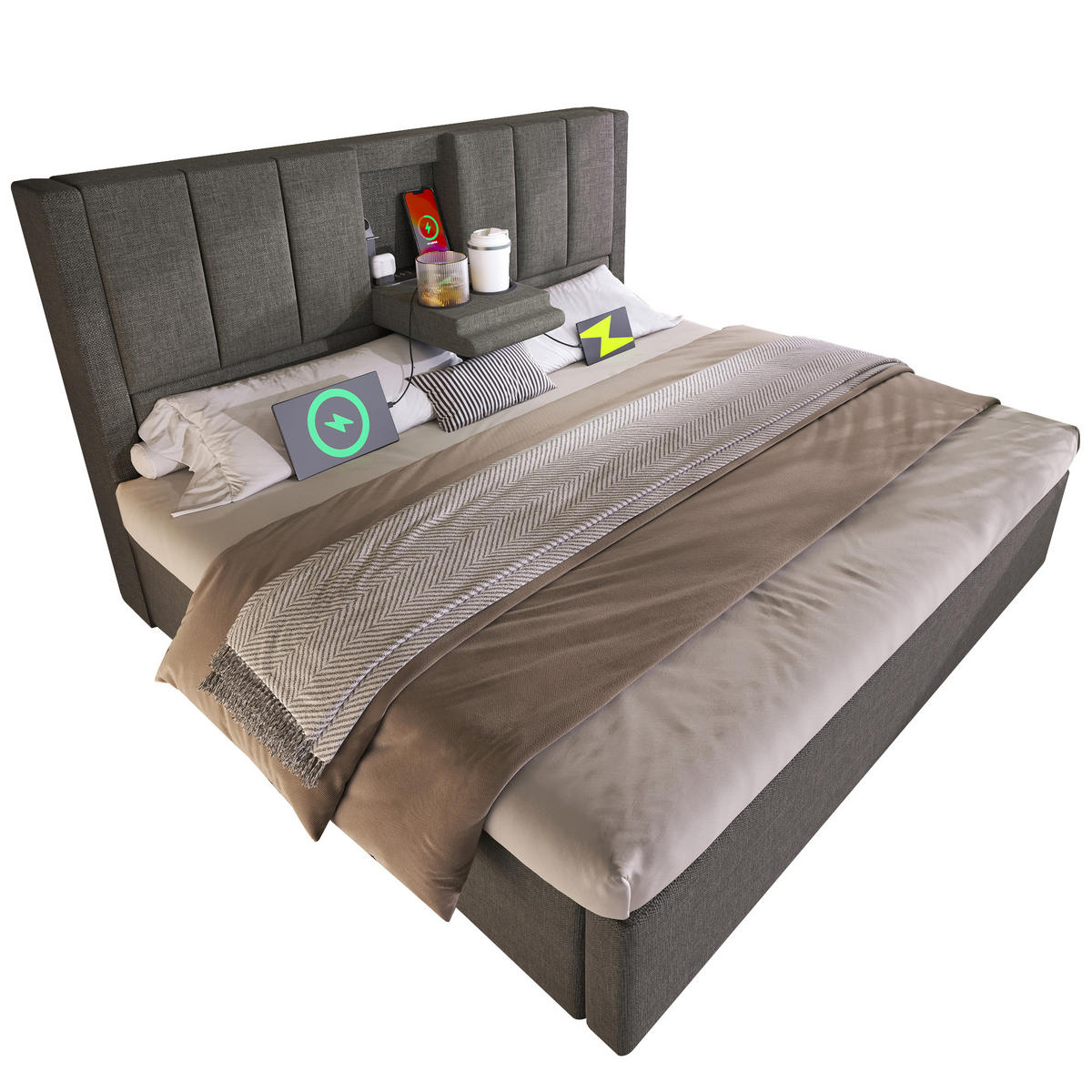 POLSTERBETT 160/200 cm Grau aus Leinen mit Stauraum und Ladestation - Grau, Textil (160/200cm) - OKWISH
