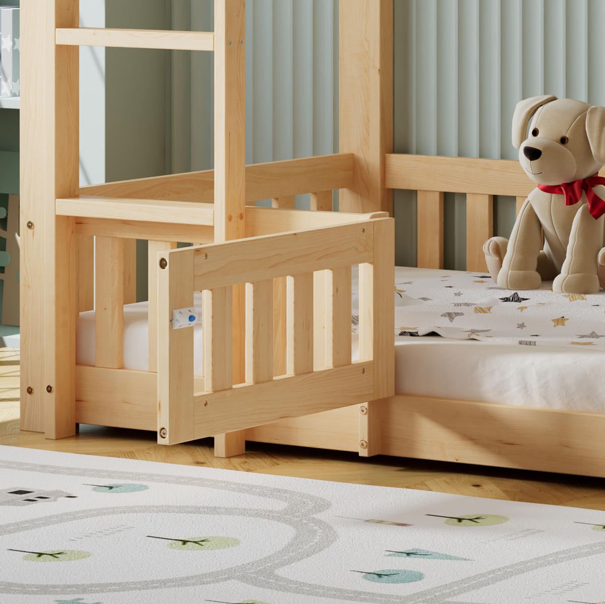ETAGENBETT 90/200 cm aus Kiefer mit Treppe, Geländer und Tür in Natur - Naturfarben, Holz (90/200cm) - Flora Grace