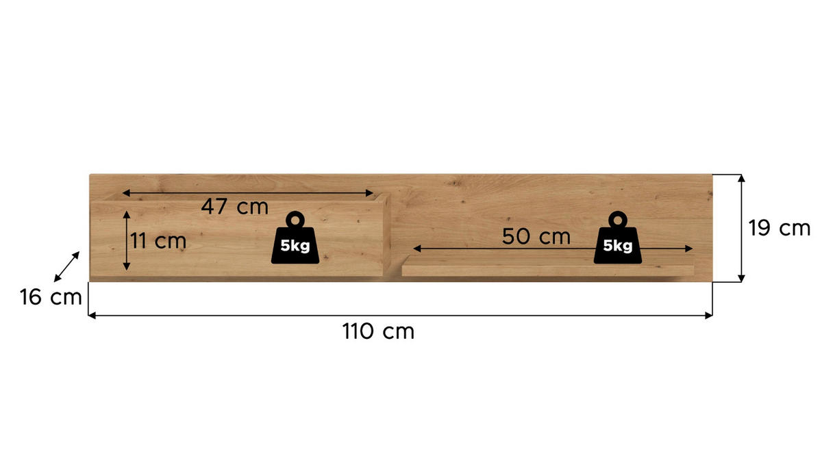 REGAL Eiche Artisan 110 cm, Flurregal hängend - Eiche Artisan, Holzwerkstoff/Metall (110/19/16cm) - Inn.Furn