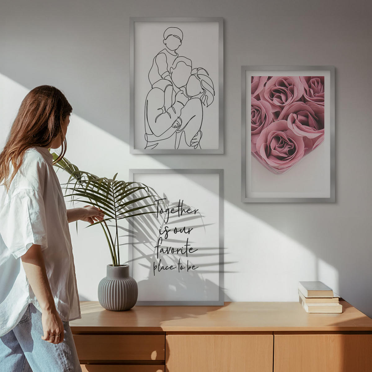 WANDBILDER 3er Set - 40x60 cm Silberner Rahmen - Rosensträuße als Familienzeichnung - Silberfarben, Kunststoff (40/60cm) - ArtPrintCave