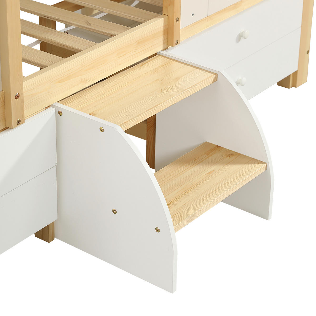 HAUSBETT 90/200 mit Dach, 4 Schubladen und kleiner Treppe in Weiß und Natur - Weiß/Naturfarben, Holzwerkstoff (90/200cm) - EVRYAE