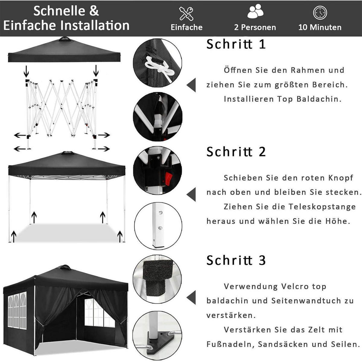 FALTPAVILLON 3 x 3 m Schwarz mit Seitenteilen - Schwarz, Textil (304.8/609.6/304.8cm)