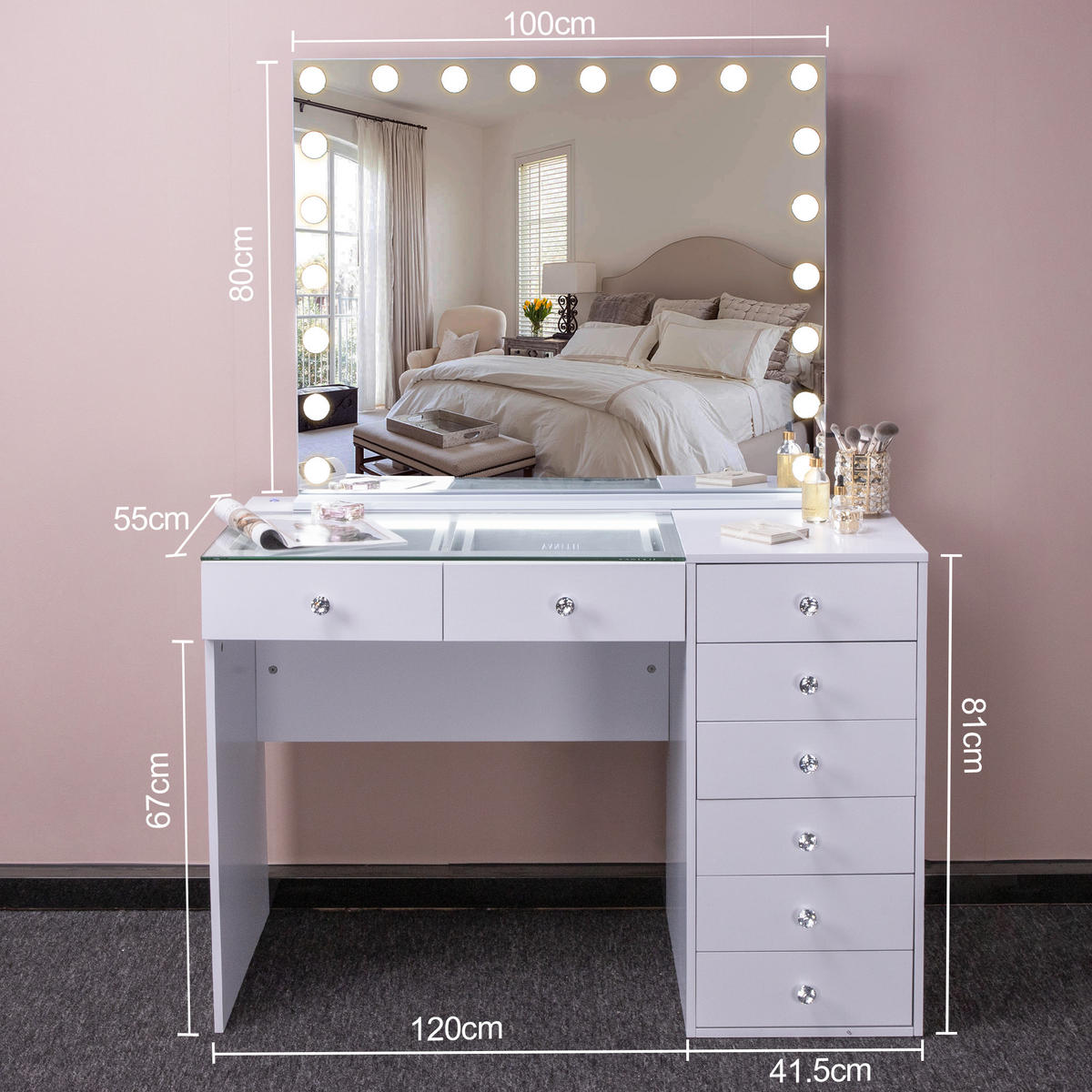 SCHMINKTISCH mit 8 Schubladen 120/55/81 CM und LED Beleuchtung Schminkspiegel Lichtleiste weiß 100/80 cm - Weiß, Holz (55/81/120cm) - VANITII