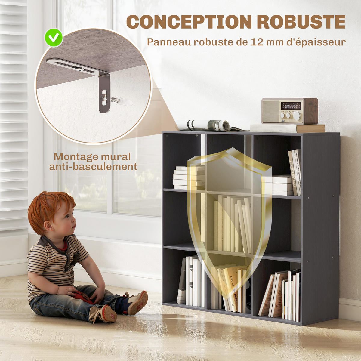 REGAL DE-15569 91/29/91 cm, 3 Ebenen, 9 Würfel Grau - Grau, Holzwerkstoff (29.5/91/91cm) - ComfortXL