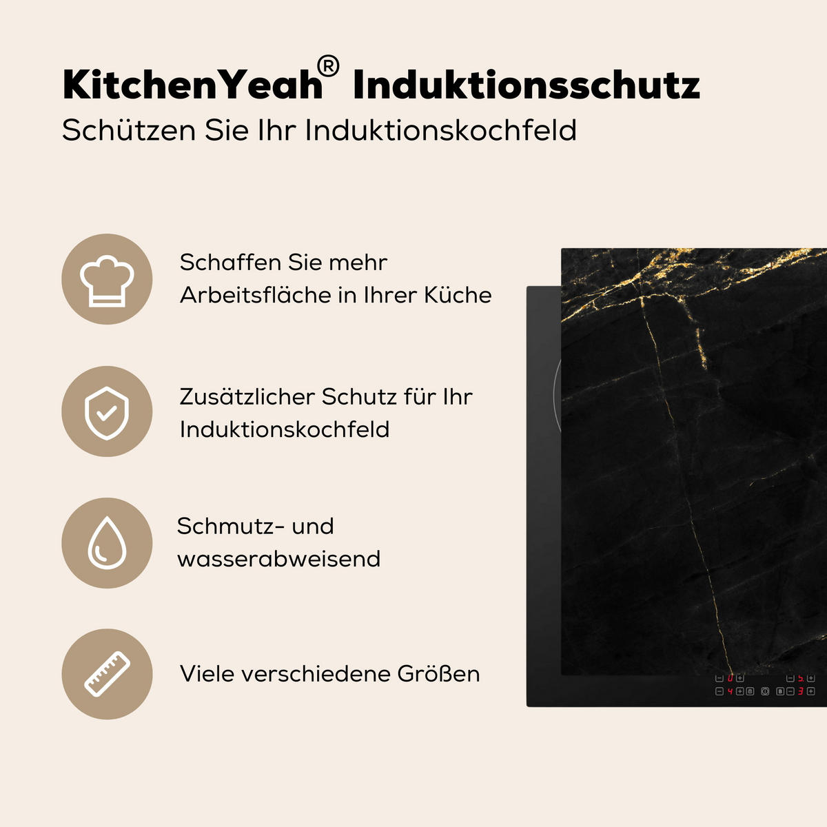 HERDABDECKPLATTE Marmor - Schwarz - Gold - Chic - Marmoroptik - Design Ceranfeldabdeckung 80x52 cm - Schwarz, Kunststoff (80/52/0.2cm) - MuchoWow