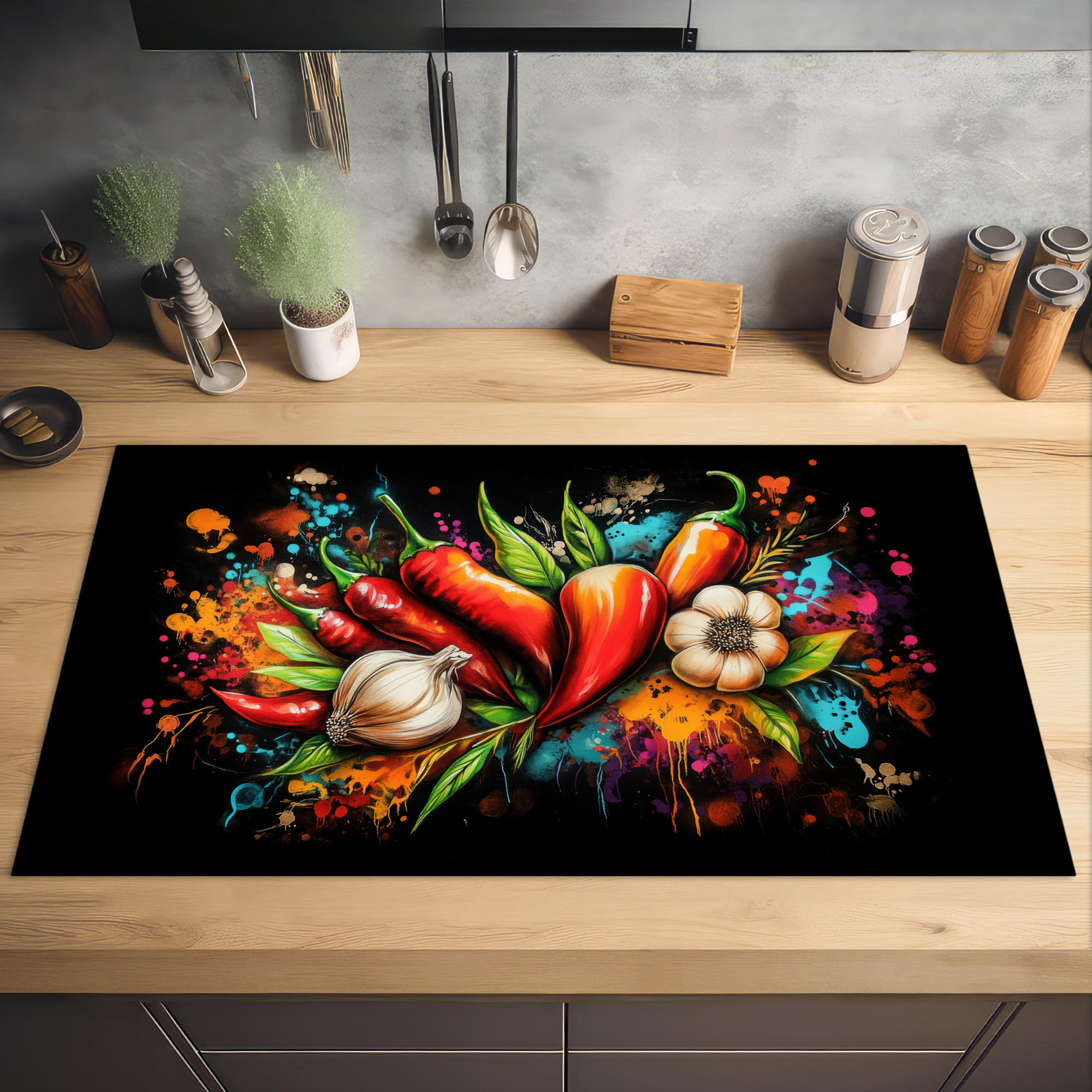 HERDABDECKPLATTE Gemüse - Paprika - Knoblauch - Graffiti - Farbe - Bunt 91x52 cm - Rot, Kunststoff (91.6/0.2/52.7cm) - MuchoWow