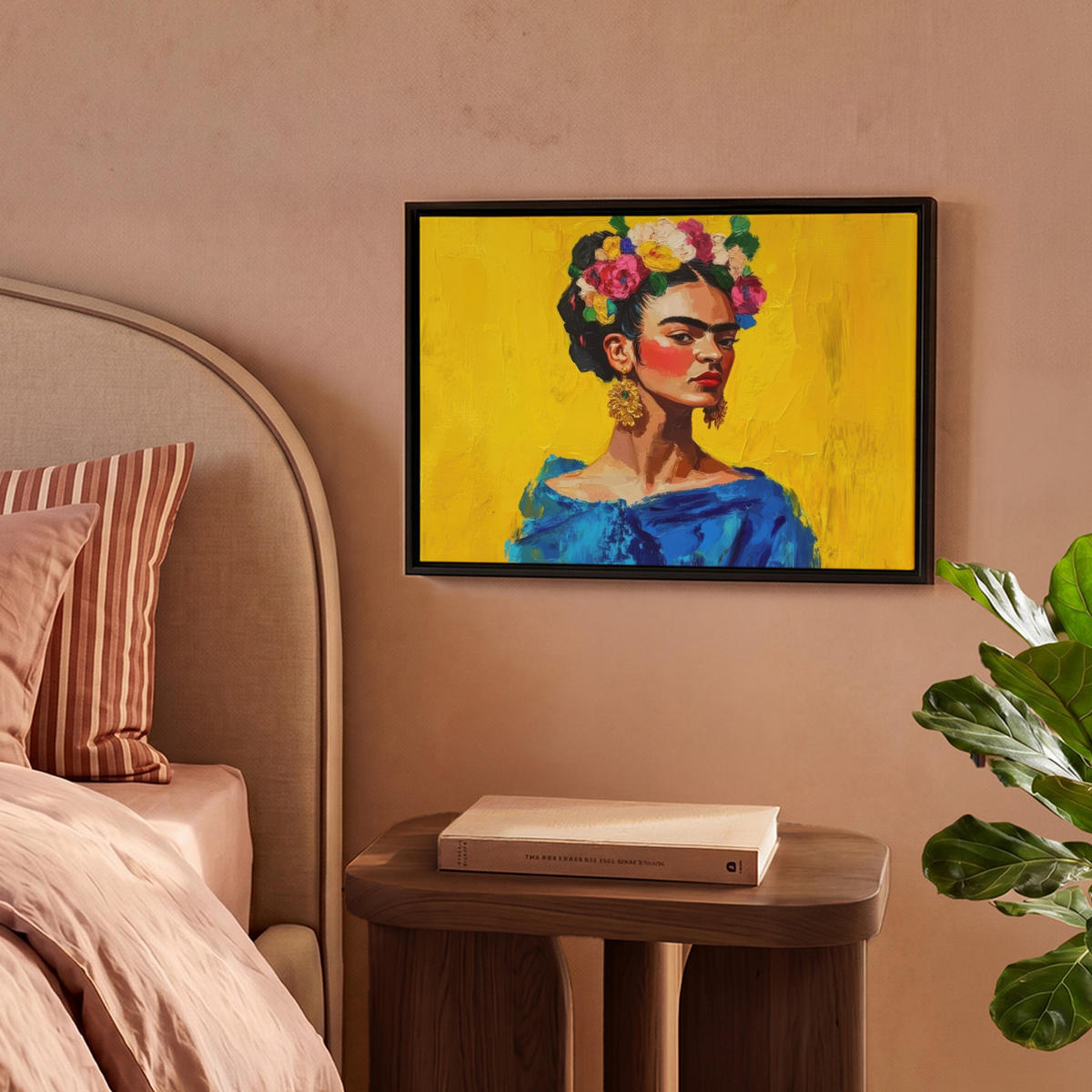 LEINWAND Bilder mit Rahmen - Frida Kahlo - Frau - Gelb - Blau - Blumen - 40x30 - Gelb, Textil (40/30cm) - MuchoWow