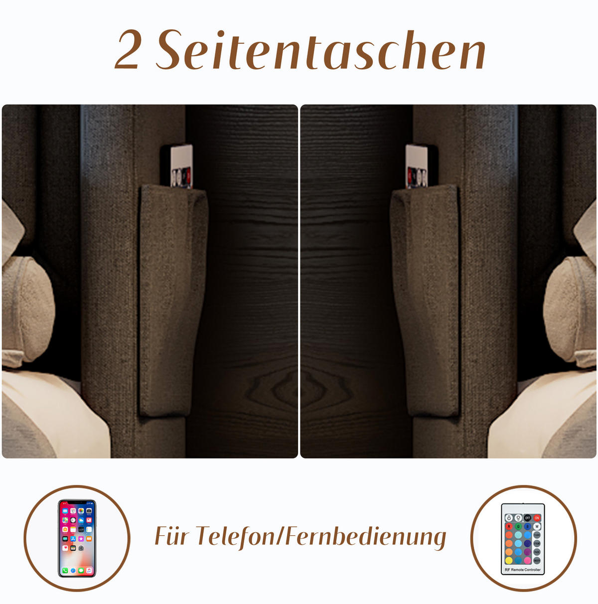POLSTERBETT 180/200 cm grau aus Baumwoll-Leinenstoff mit LED und USB-C - Grau, Textil (180/200cm) - OKWISH