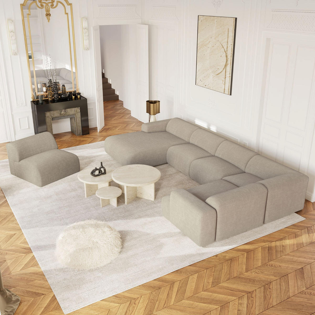 WOHNLANDSCHAFT Texturierter Samt Beige 354cm - Beige, Textil (354/73/164cm) - Sia Home