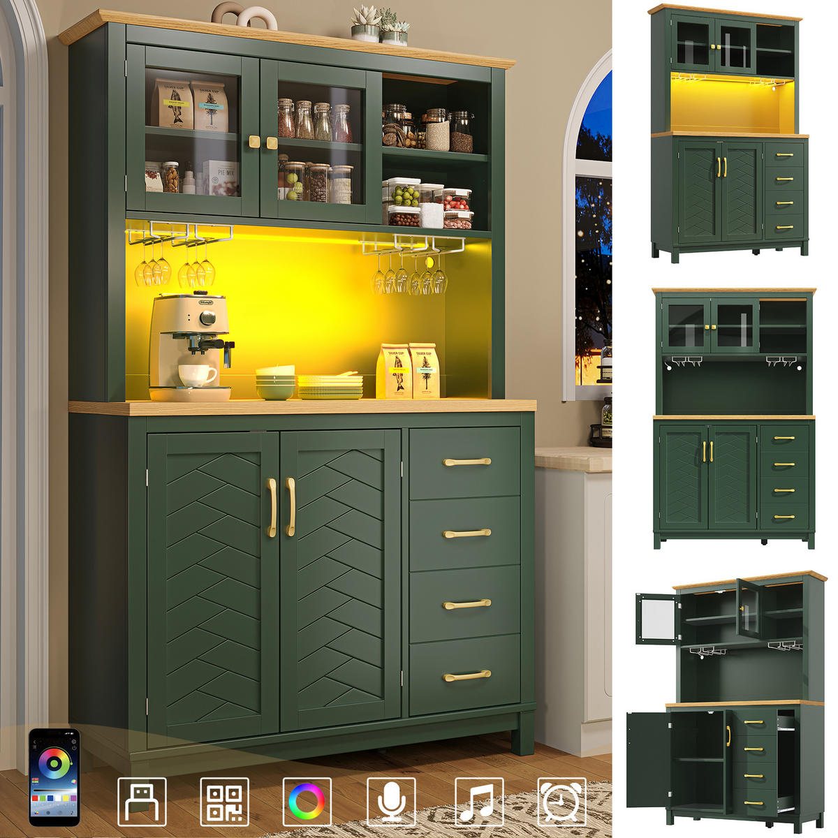 HIGHBOARD in Grün Küchenschrank mit LED-Beleuchtung und Schubladen für Küche und Wohnzimmer, B105.5/T40/H180 cm - Grün, Glas/Holzwerkstoff (105.5/180/40cm) - STILVORA