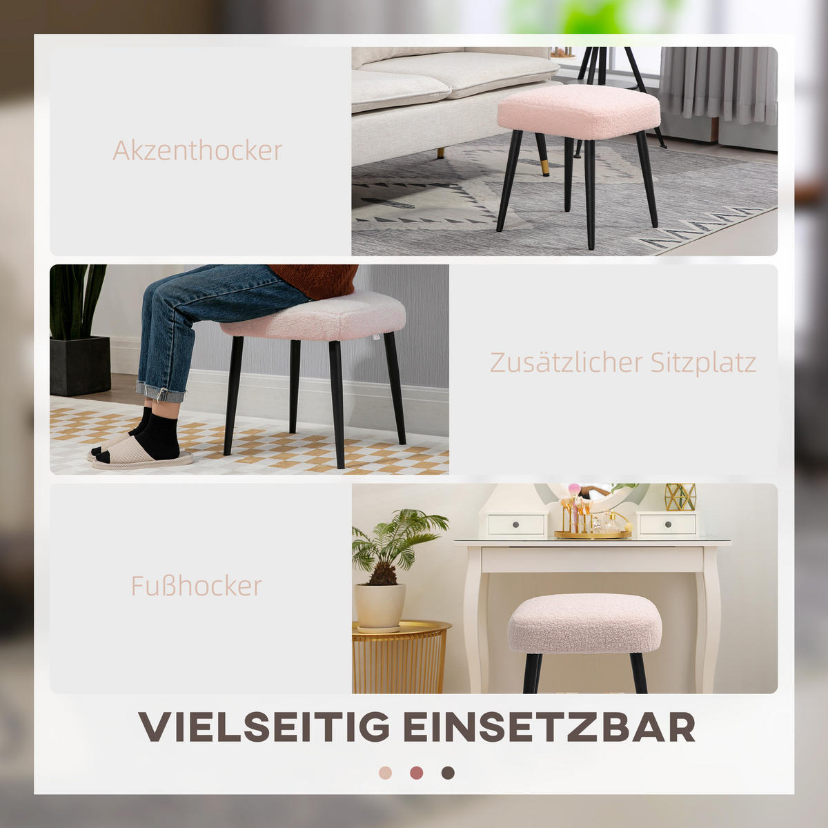 FUSSHOCKER Sitzhocker Quadratischer Schminkhocker mit Kaschmir-Optik, Stahlbeine - Rosa, Kunststoff (42/44/42cm) - HOMCOM