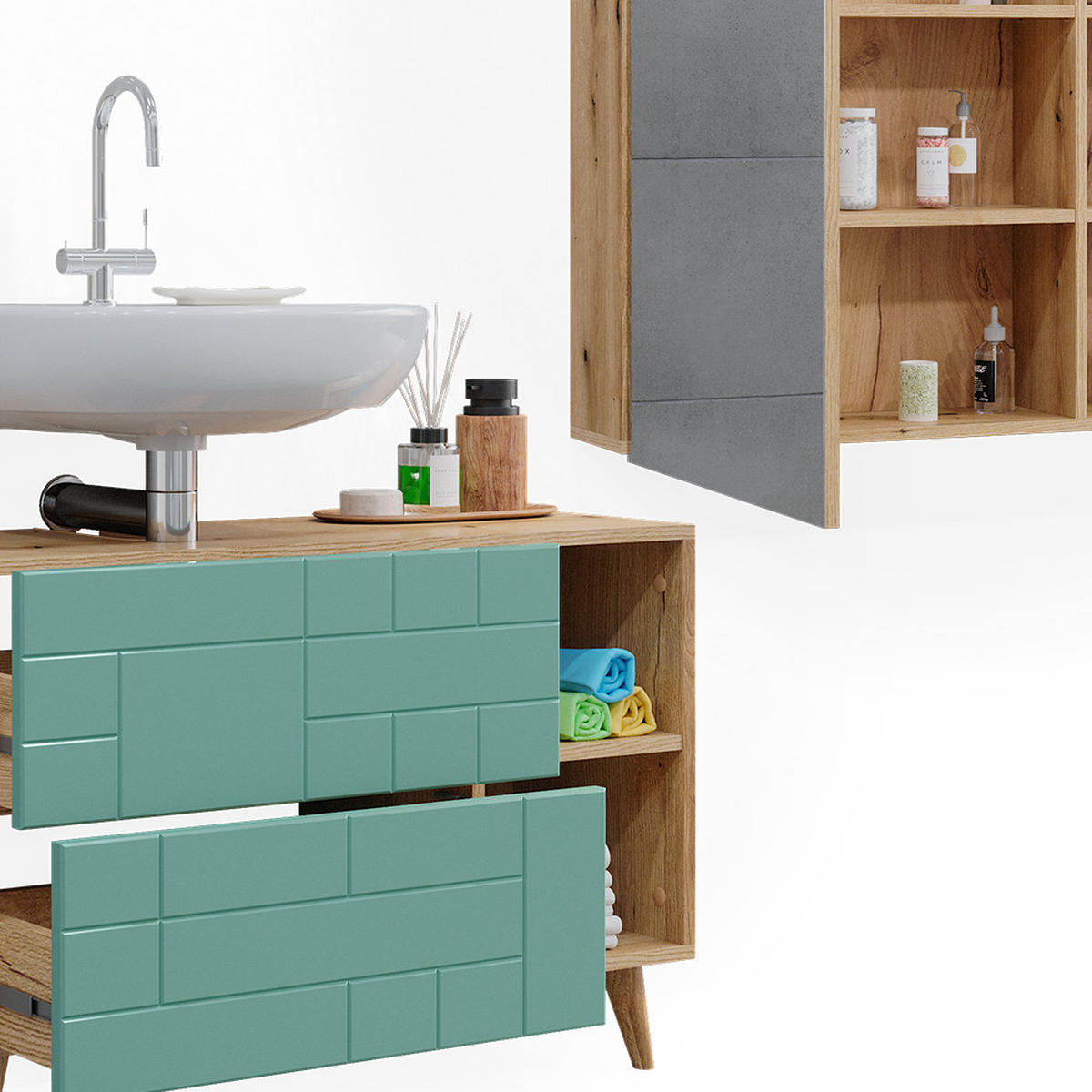 BADMÖBEL-SET Rudi Mintgrün 2 Teile - Eichefarben/Mintgrün, Holzwerkstoff (90/59/32cm) - Vicco