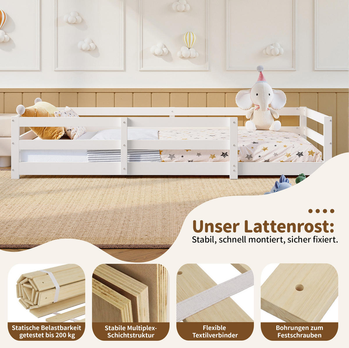 KINDERBETT 90/200 cm weiß aus Kiefer massiv mit Schutzgitter - Weiß, Holzwerkstoff (90/200cm) - OKWISH