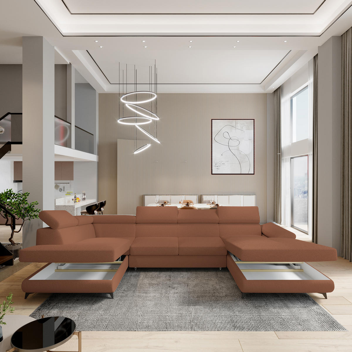 WOHNLANDSCHAFT RUBANO L-S Kupferfarben Boucle-Stoff mit Schlaffunktion - Kupferfarben, Holz (339/89/190cm) - MASSENO