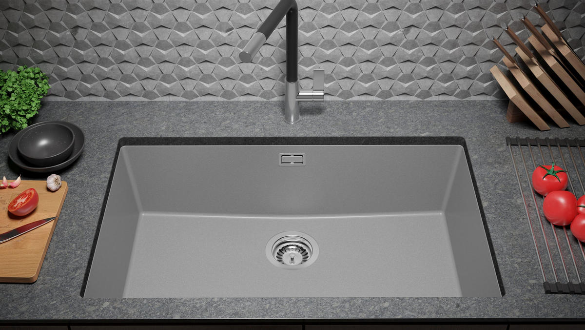 UNTERBAUSPÜLE GRANIT London, 2-er set Grau 76/47 cm 1 Becken + Küchenarmatur 40/20 cm + Ablauf-Set ab 80er Unterschrank - Grau, Kunststoff (76/20/47cm) - Primagran