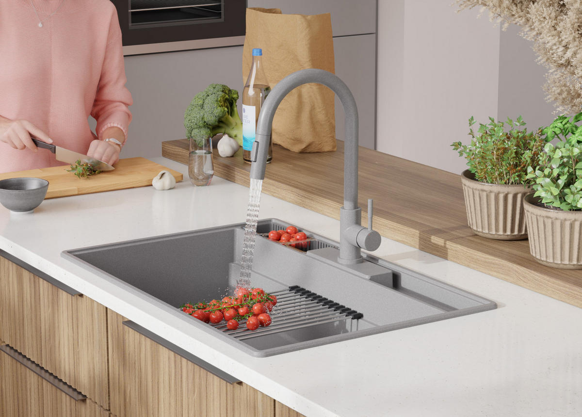 SPÜLBECKEN New York, 2-er set Grau 78/53 cm 1 Becken + Ablauf-Set + Küchenzubehörset ab 80er Unterschrank - Chromfarben/Beige, Kunststoff (78/20/53cm) - Primagran