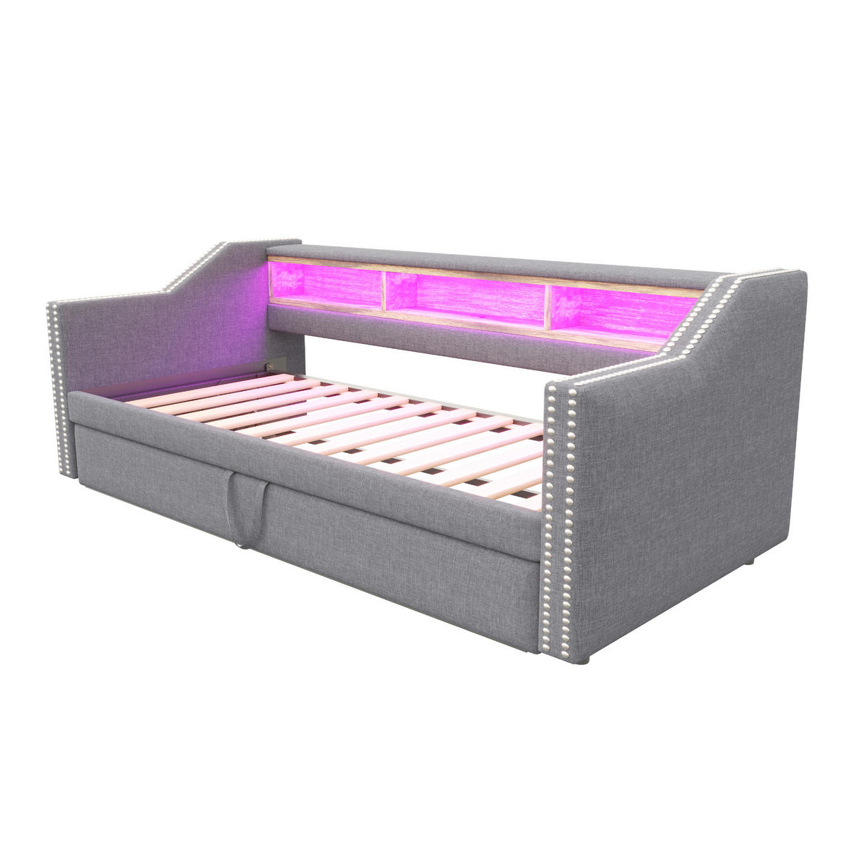 AUSZIEHBETT 90/180×190 cm Hellgrau mit LED-Beleuchtung und USB-Anschluss - Hellgrau, Textil (90/190cm) - Flora Grace