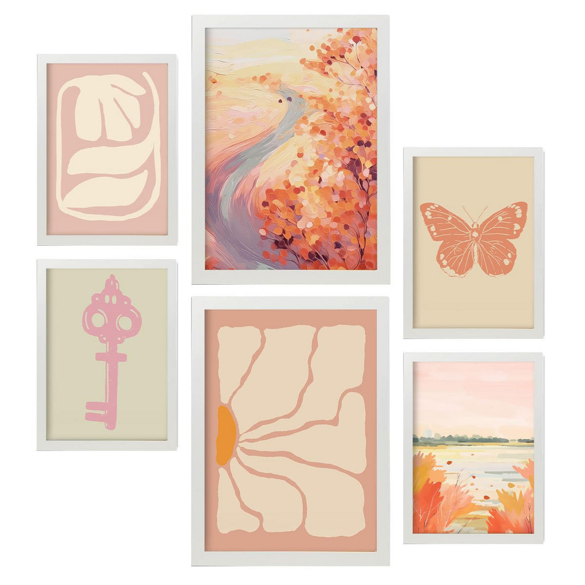 POSTER Set Mit 6 Orangefarbene Wiesen A3 & A4 Weißer Rahmen - Weiß, Papier (29/3cm) - Nacnic