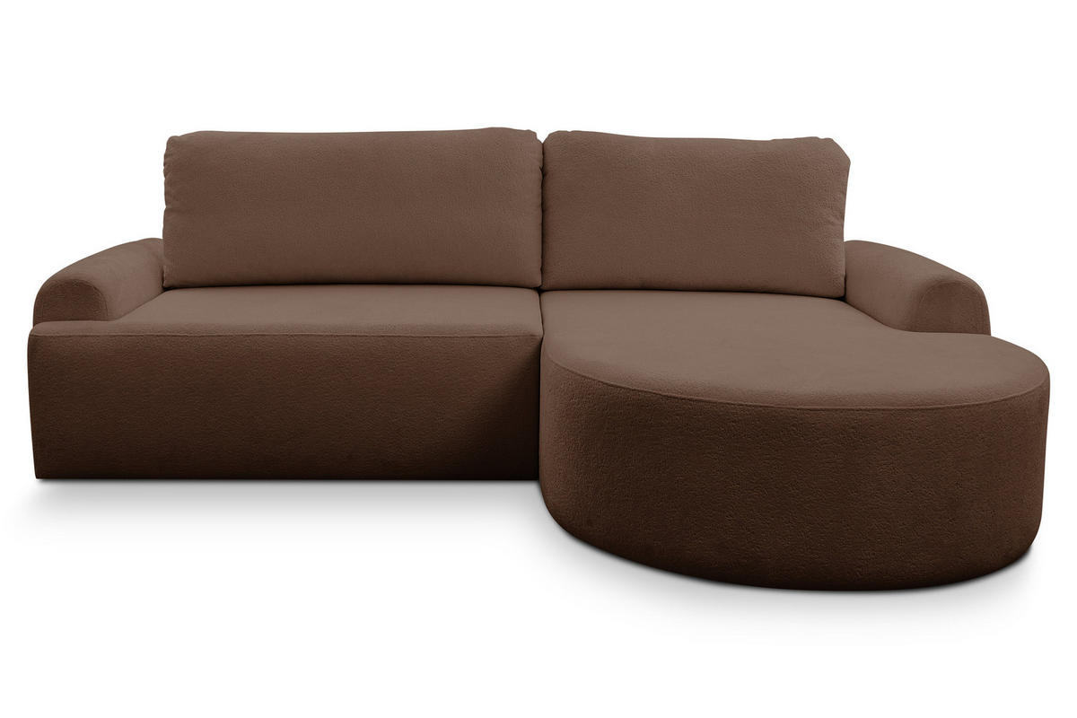 ECKSOFA Dream in L-Form mit Schlaffunktion und Bettkasten, Farbe: Dunkelbraun, Bouclé-Stoff, Ottomane Rechts - Dunkelbraun, Textil (260/136cm) - VENASI MÖBEL