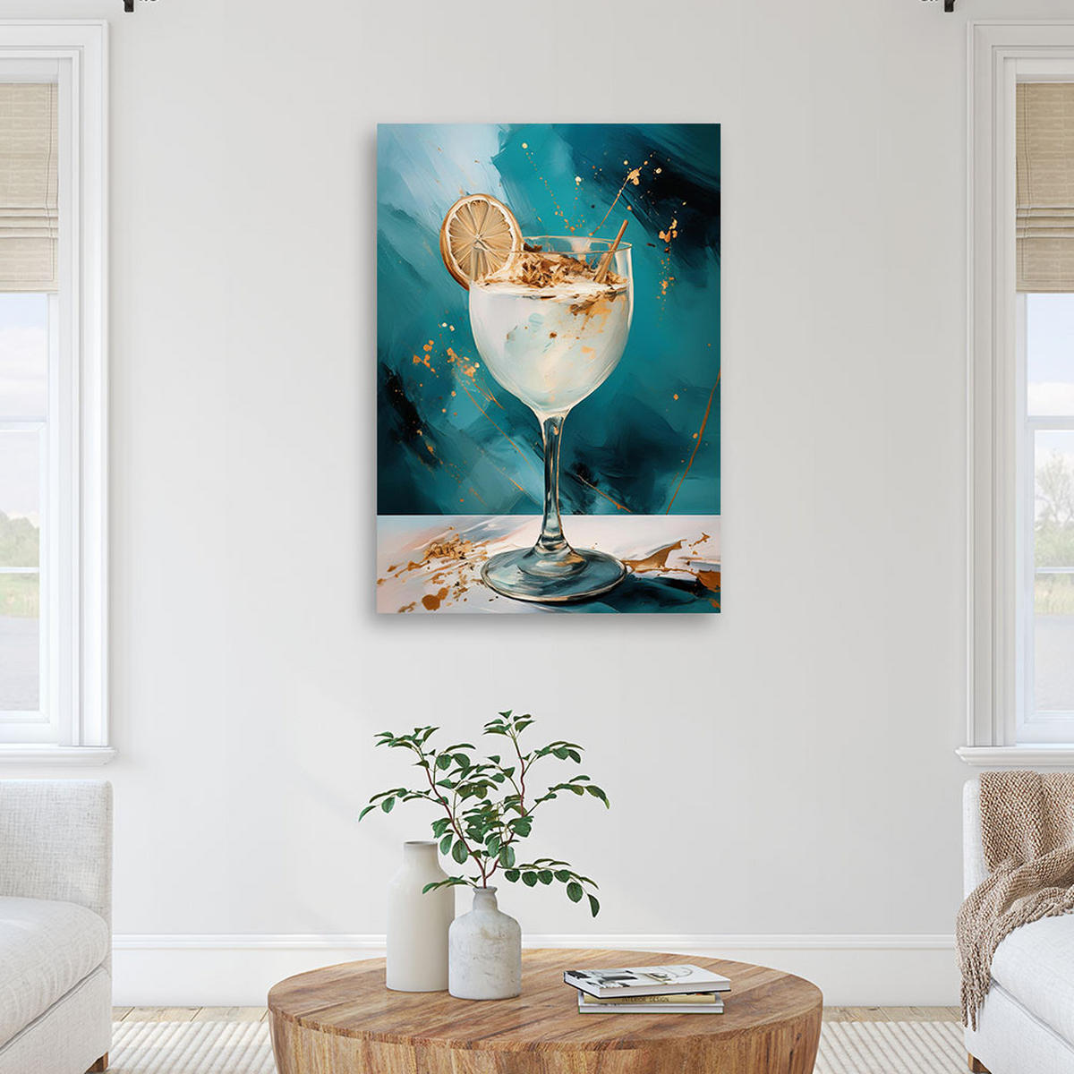 LEINWANDBILD Cocktail Glas Getränkebar - Türkis, Textil (70/100cm) - Feeby