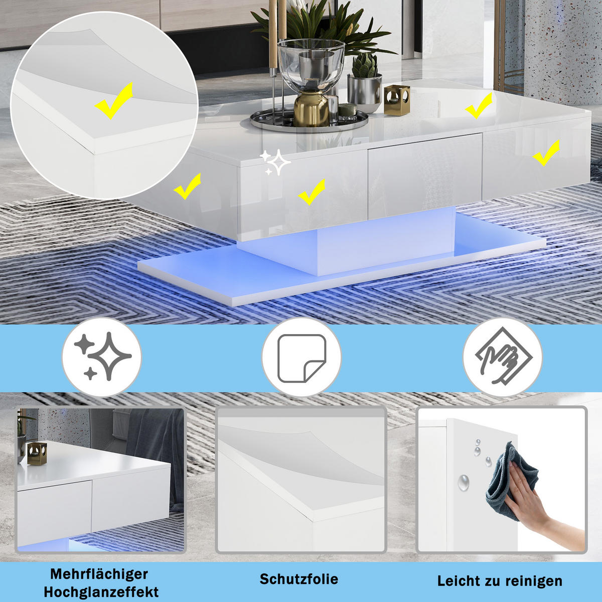 COUCHTISCH 100/60 cm mit 2 Schubladen in Weiß hochglänzend mit LED-Beleuchtung - Weiß, Holzwerkstoff (100/60/36cm) - OKWISH