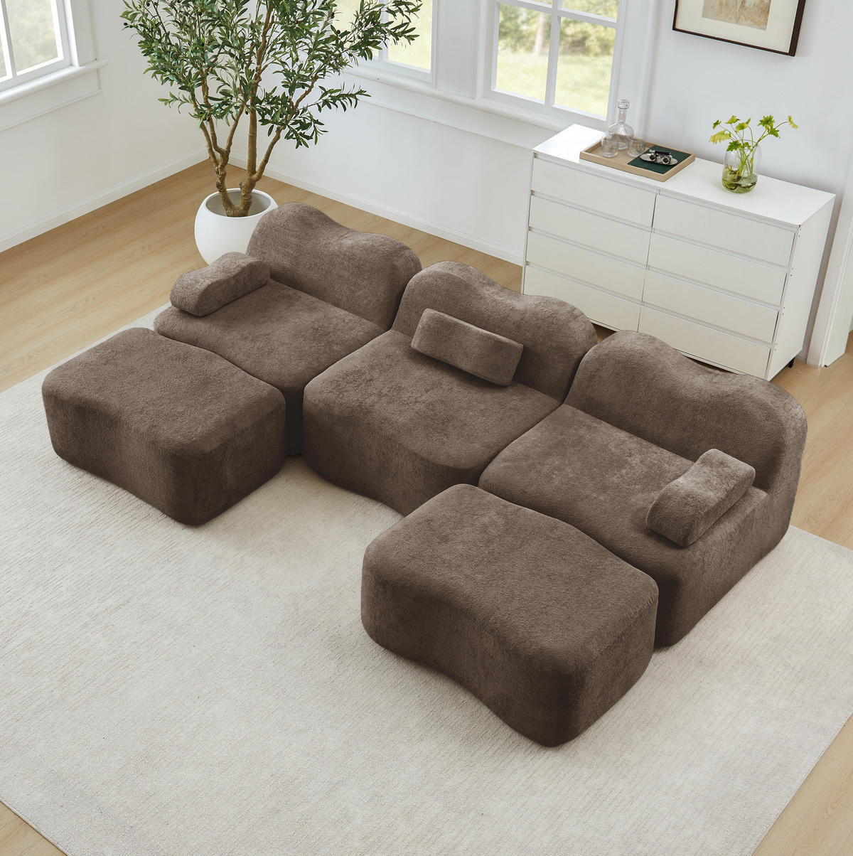 SOFA modular U-Form Samt Braun mit 2 Hockern - Braun, Textil (167/70/288cm) - Meubliv