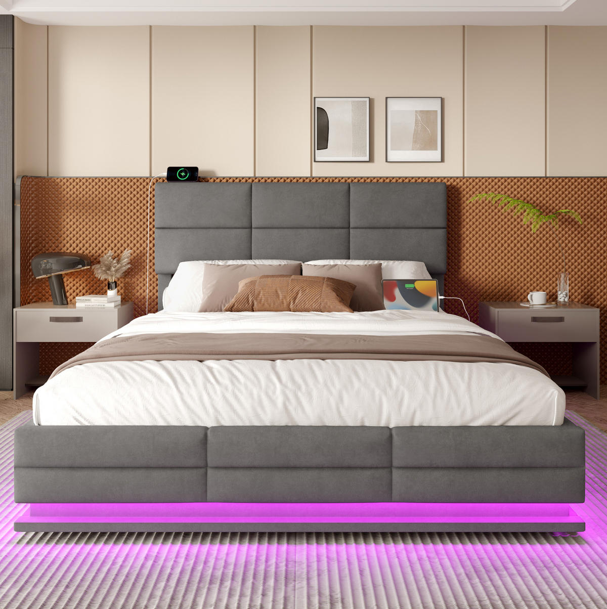 BETT mit Stauraum 180x200 cm Samt Grau mit LED und USB - Dunkelgrau, Metall (180/200cm) - Meubliv