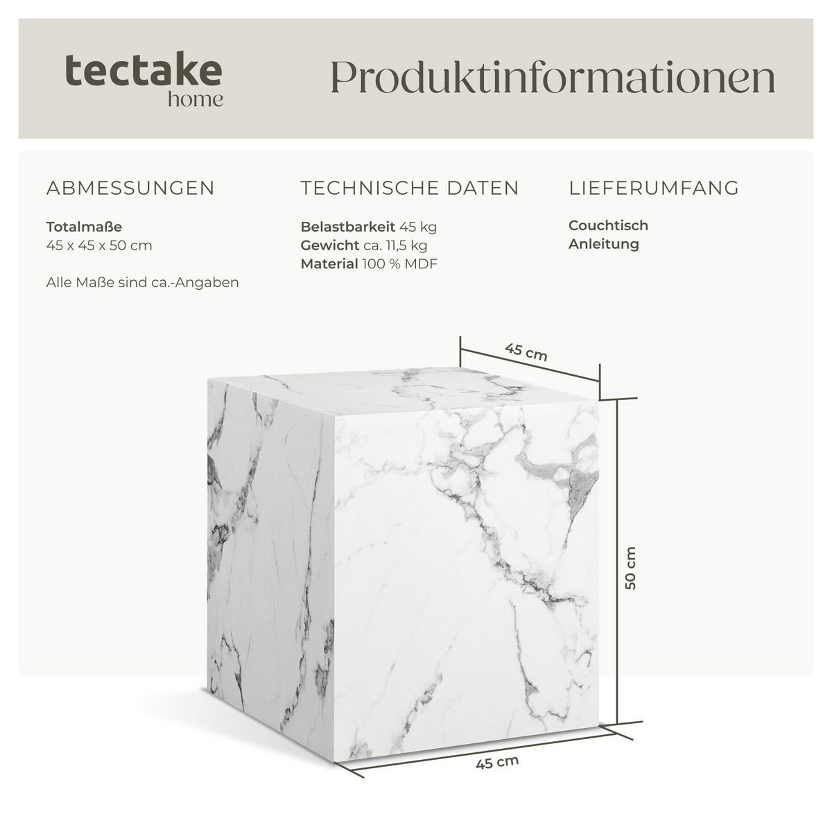 COUCHTISCH Lasley, inkl. Bodenschoner, Belastbarkeit 45 kg, Marmor Optik weiß - Weiß, Holz (45/45/50cm) - tectake