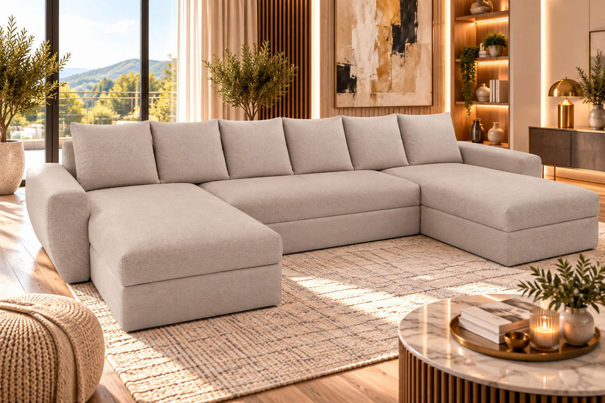 WOHNLANDSCHAFT PUMA U-Form 308 cm mit Schlaffunktion, Bettkasten, Kunstleder-Stoff oder Samt, verschiedene Farben - Beige/Schwarz, Kunststoff (308/85/140cm) - Wohnideebilder