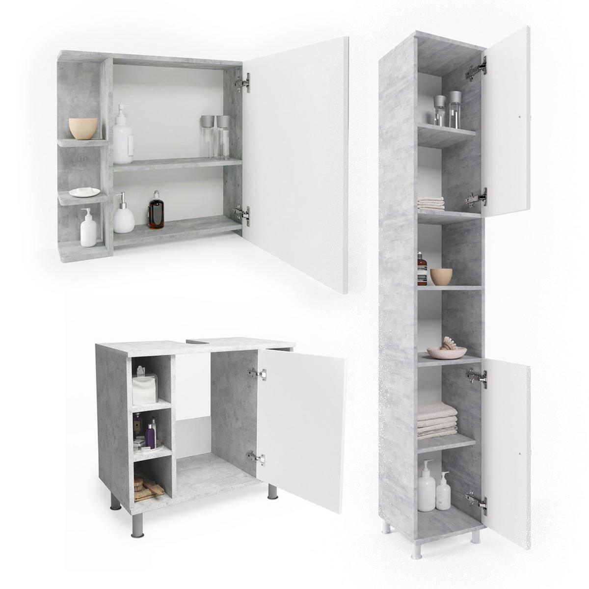 BADMÖBEL-SET Fynn Beton 3 Teile, mit Hochschrank - Weiß/Grau, Holzwerkstoff (60/54/32cm) - Vicco