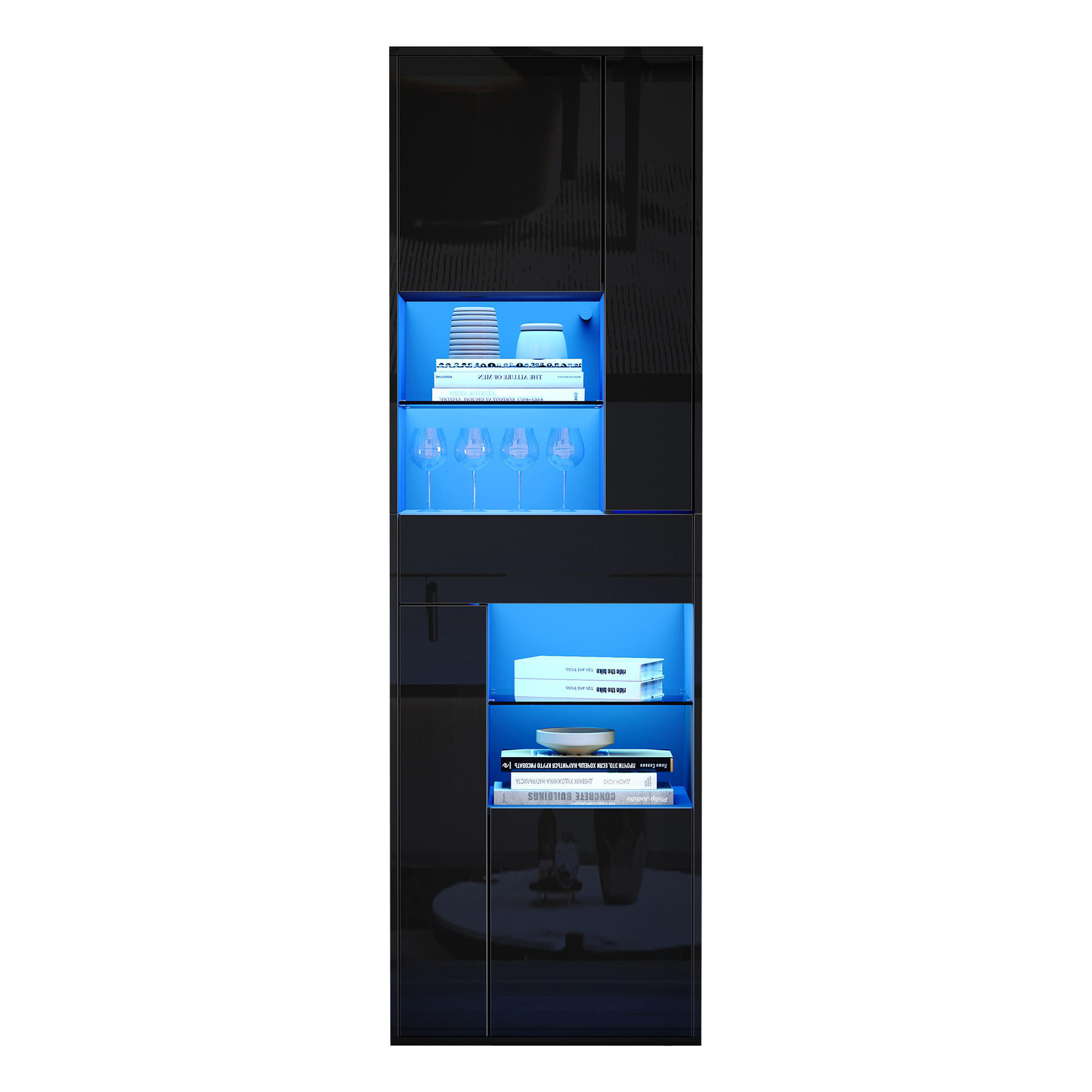 VITRINE LED Hochglanz Glas 1 Schublade 4 Türen Schwarz - Schwarz, Holzwerkstoff (55/170/38cm) - FLIEKS