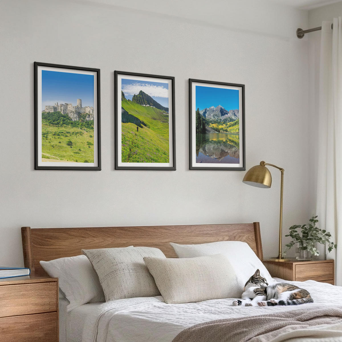WANDBILDER 3er-Set - 40x60 cm Schwarzer Rahmen - Grüne Hügel mit einer Burg - Schwarz, Kunststoff (40/60cm) - ArtPrintCave